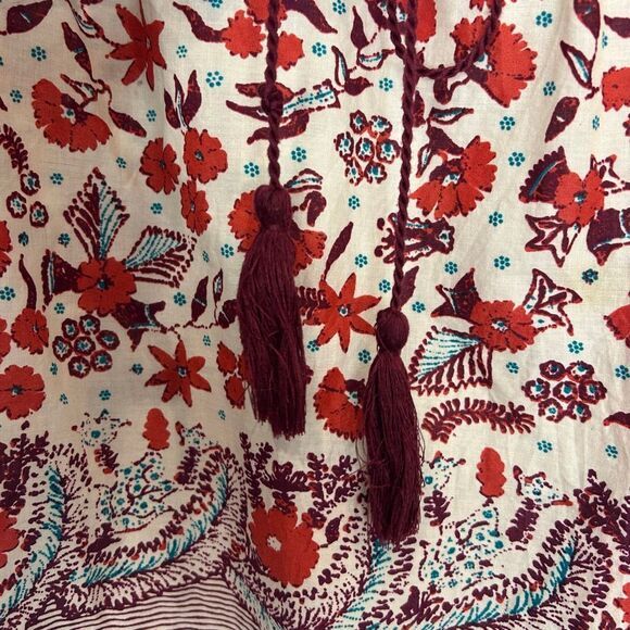 Kourt Blouse Small Red Tassel Tie Neck Flutter Sleeve Floral Cotton top boho - Picture 4 of 14